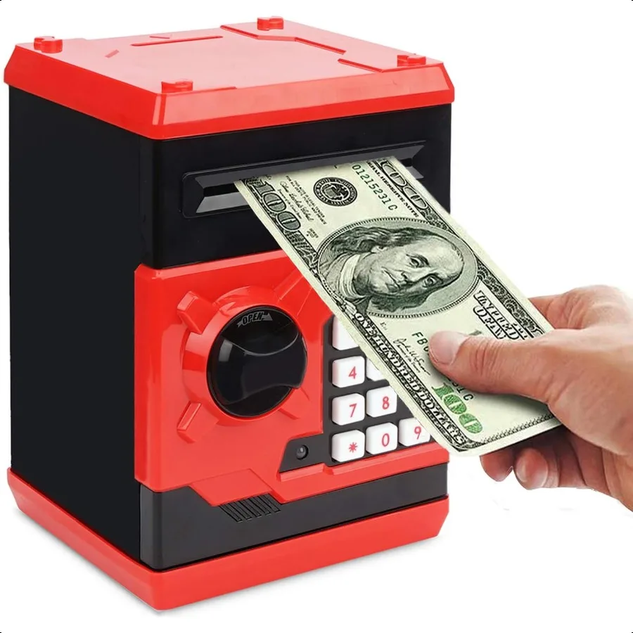 علبة نقود معدنية إلكترونية بكلمة مرور ATM من Piggy Bank يمكن التمرير التلقائي على صندوق توفير المال الورقي هدية باللون الأحمر