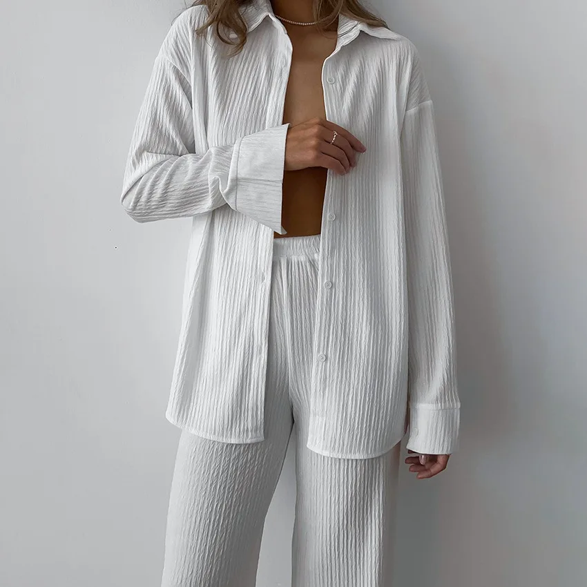 Europe America New Autumn Long Sleeve Trousers Pajamas Two Piece Sets 2023 Solid Loose Comfortable White Women Home Pyjama