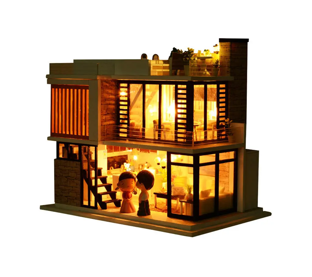 Kit de Villa de bricolage de Style européen moderne, modèle de maison 3D inspiré de la floraison avec intérieur lumineux et piscine de toit, artisanat de Puzzle assemblé à la main