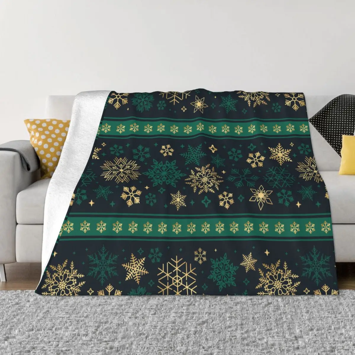 

Ribbon With Christmas Snowflake Blankets Flannel Print Green And Gold Colors Thin Throw Blankets for Bed Travel Bedspread