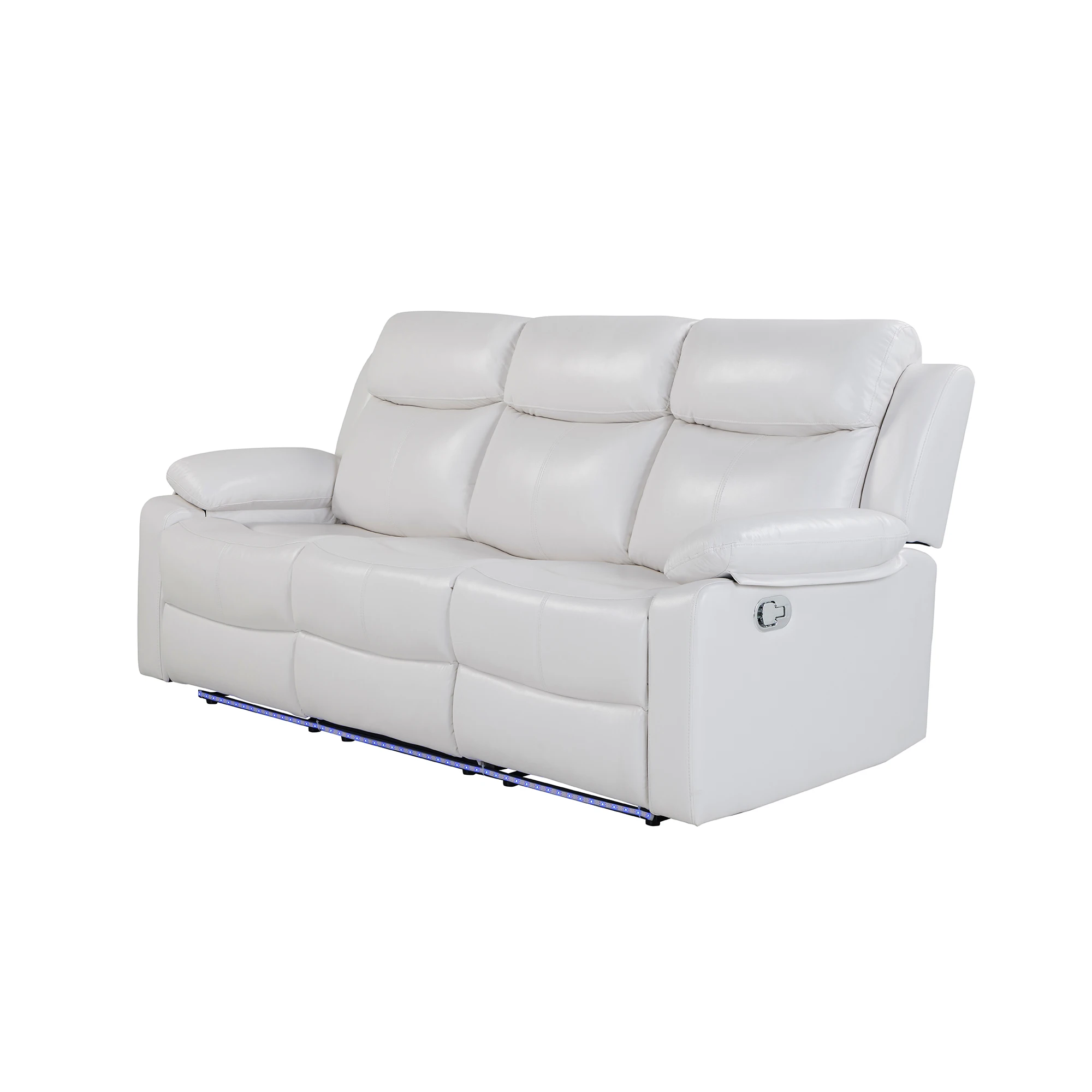 

#White Faux Leather Square Tufted Modern Reclining Sofa Set With LED Lights