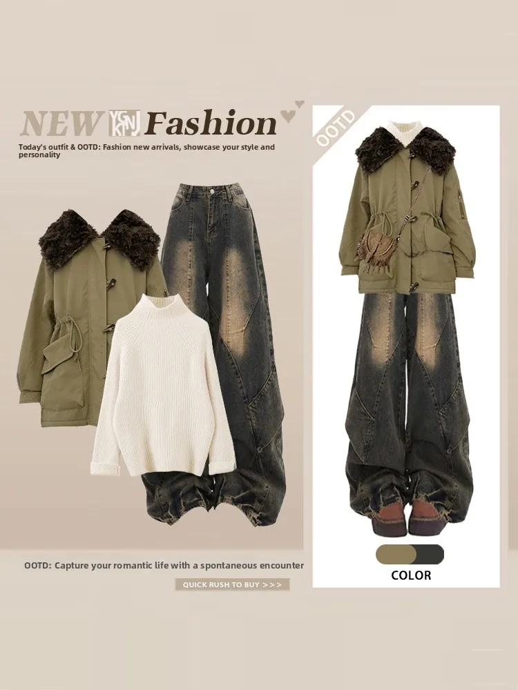 plus Size Women's Retro Sle Cotton Jaet Coat Wide Leg Jeans High Waist Fur Collar Waist Cinched Winter American Loose Set