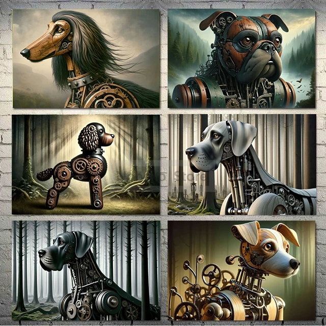 Vintage Mechanical Style Wooden Dog Steampunk Style Retro Poster and Prints Canvas Painting Wall Art Pictures Home Room Decor