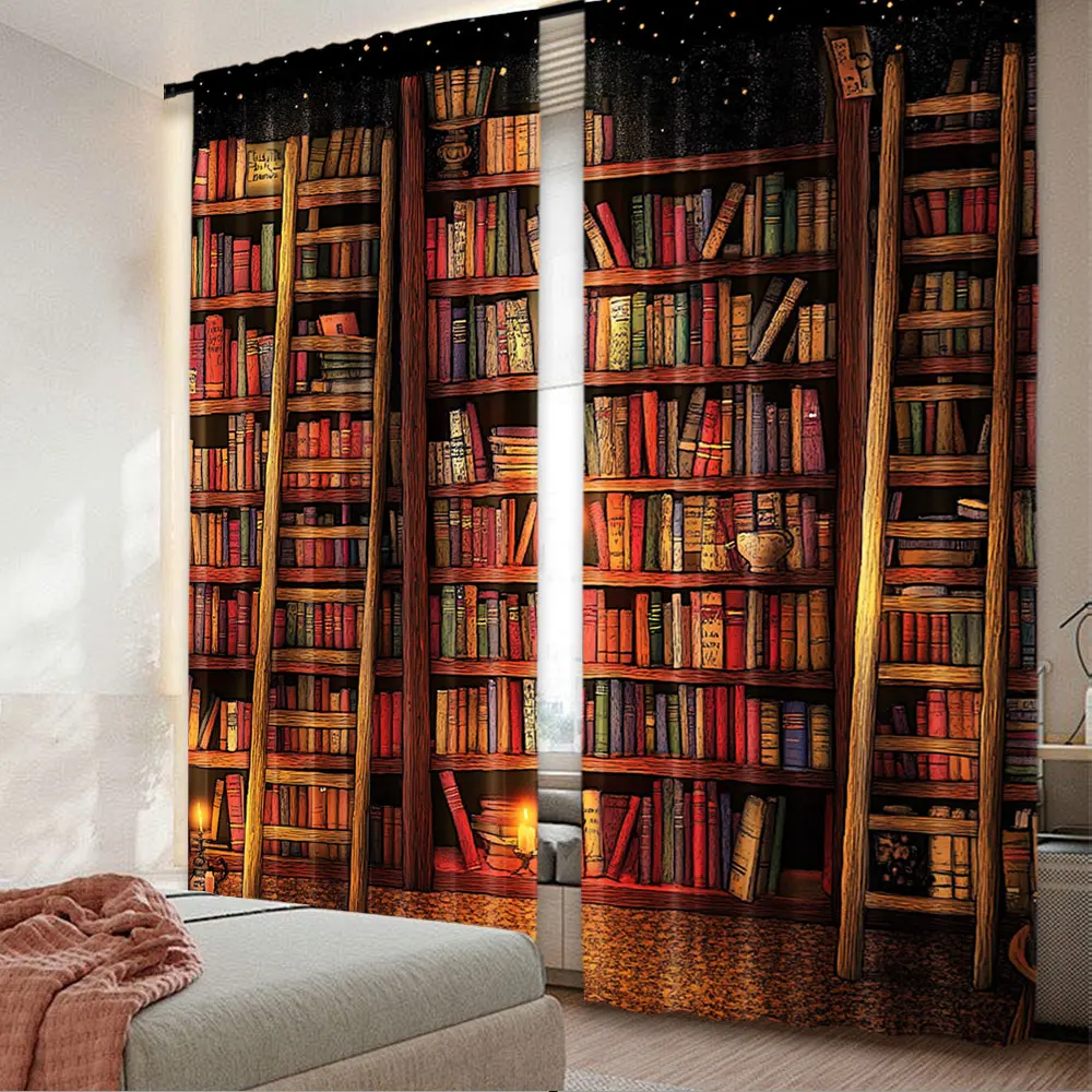 2Pcs Bookshelf Curtains Vintage Books Library Bookcase Print Bookshelf Room Decor Curtains Window Drapes For Living Room Bedroom