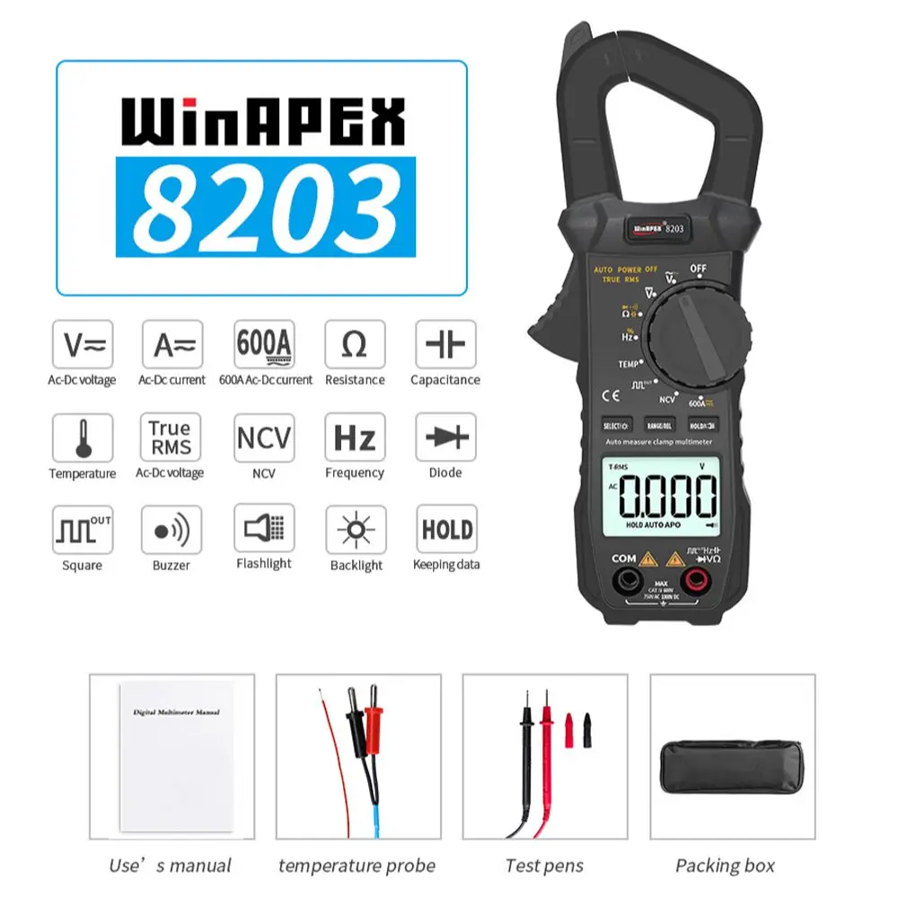 WINAPEX ET8203 600A AC DC Pocket Clamp Meter 6000 Counts Digital Multimeter Current Voltage Resistance Diode Temp Buzzer Test