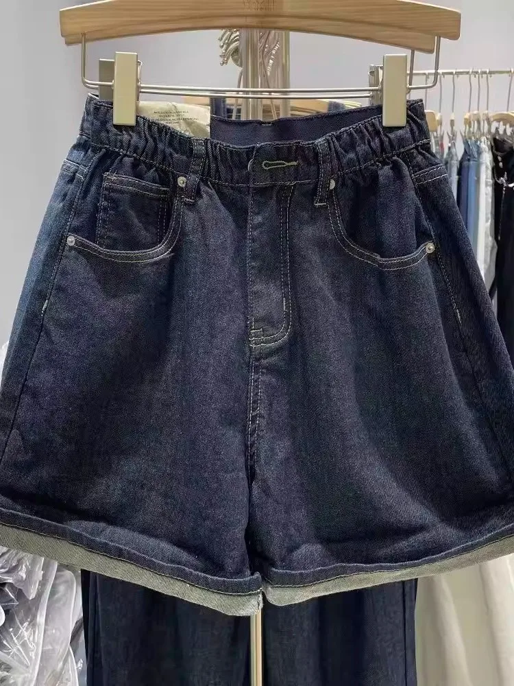 Shorts Jeans Femininos Plus Size de Cintura Alta Estilo Coreano Solto com Perna Larga e Corte em A Efeito Emagrecedor Casual para o Verão