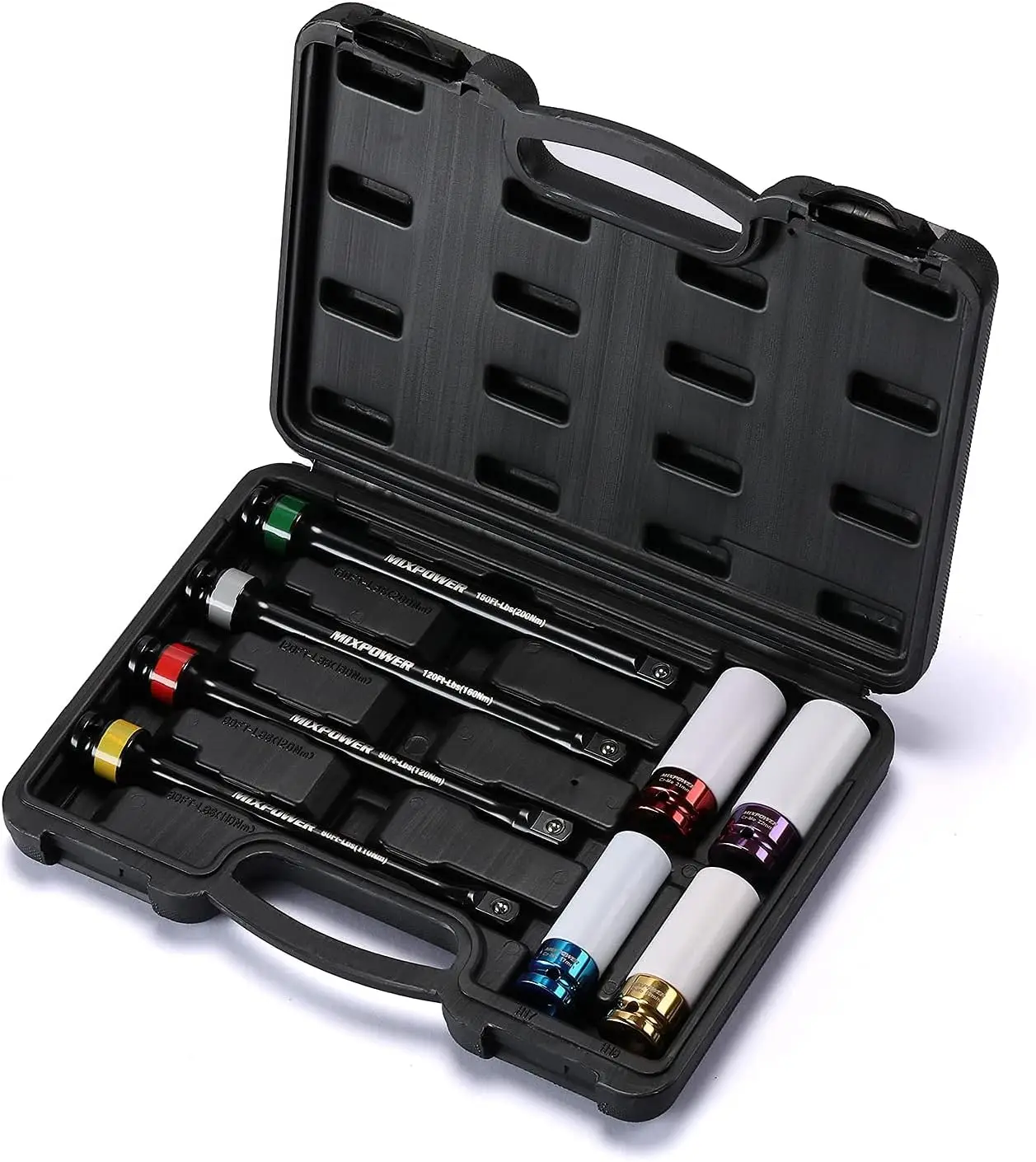 

1/2-Inch Drive Wheel Protector Impact Socket Set with 8-Inch Torque Limiting Extension Bars, Color-Coded, 80-150 Ft-Lbs