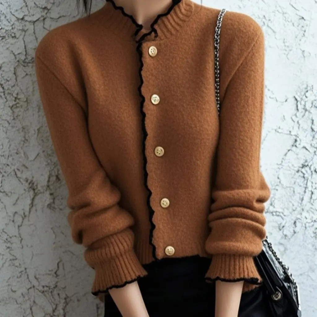 

Французский женский свитер с длинными рукавами в стиле ретро, коричневый, с краями ушей, мягкая восковая осенне-зимняя красивая маленькая рубашка в западном стиле
