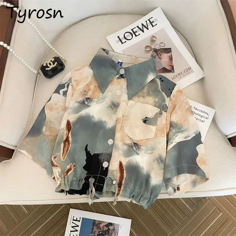 

Рубашки с коротким рукавом женские в гонконгском стиле контрастного цвета с принтом тай-дай шикарные однобортные с карманами на шнуровке свободный дизайн летний отдых