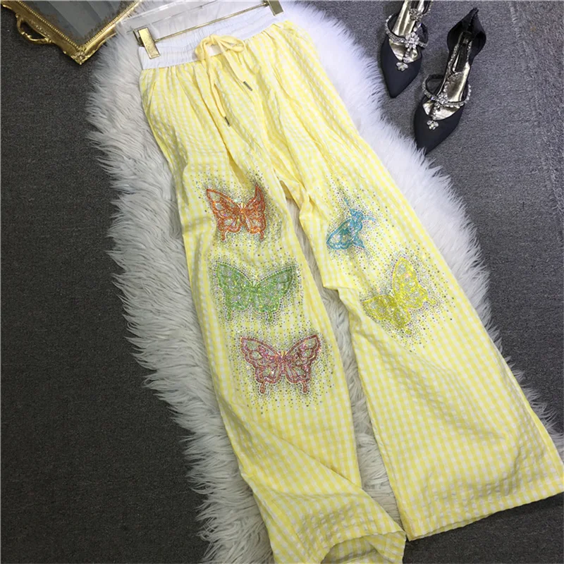 เพชรเจาะกางเกงผู้หญิงลดอายุผีเสื้อลายสก๊อตขาตรงเอวกางเกงขากว้างผ้าฝ้ายฤดูร้อนกางเกงบาง