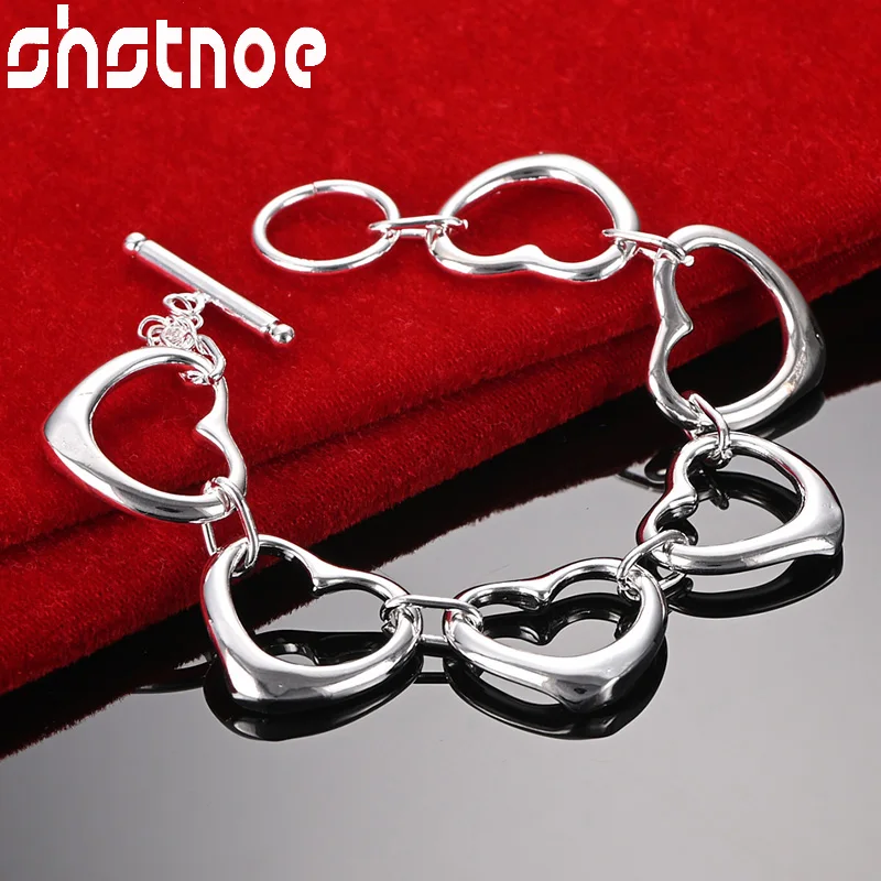 SHSTONE 925 Sterling Silver Heart Linked Heart Bracelet For Woman Engagement Wedding Accessories Party Banquet Fashion Jewelry