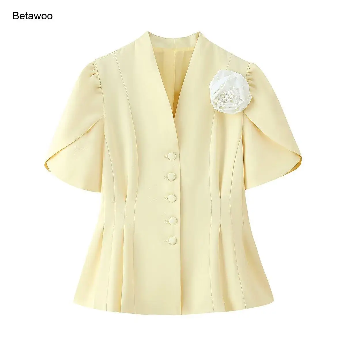

Elegant Pink Fitted Blouse with 3D Flower Brooch Puff Sleeve Party Top