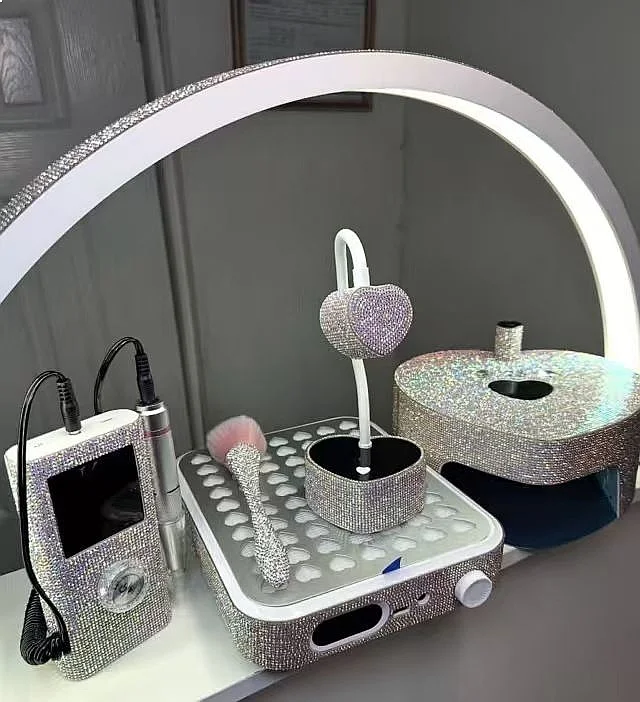 Rhinestone Nail Drill Polisher Half-Moon Light Manicure Vacuum Cleaner UV Lamp Dust Brush Nail Art Tools Set