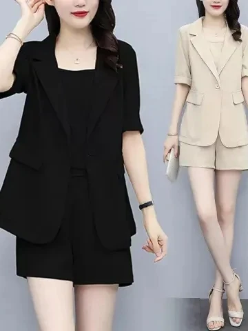 

Летний костюм для женщин больших размеров в стиле стритстайл: комплект из трех предметов, профессиональный образ, полиэстер, короткий рукав, шорты, жакет.