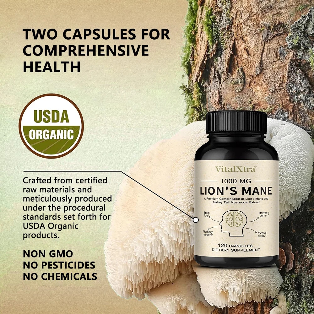 Organic Lions Mane Mushroom Capsules, for Immune Health, Enhance Brain Function, Improve Memory and Cognition, and Sleep Health