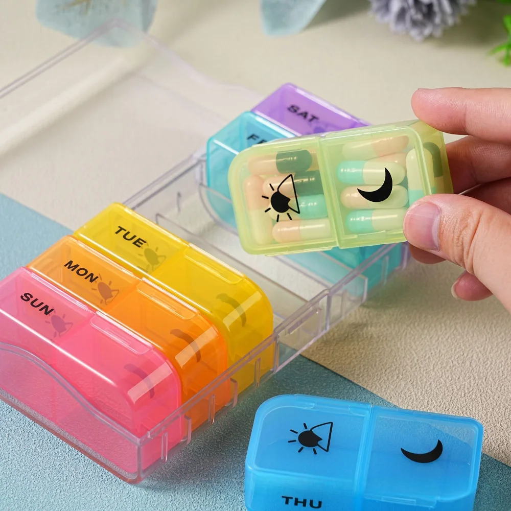 منظم أدوات حبوب أسبوعي محمول ساخن جديد Premuim 2 مرات في اليوم صندوق 14 شبكة تخزين يومي لمكملات الفيتامينات زيوت السمك #2