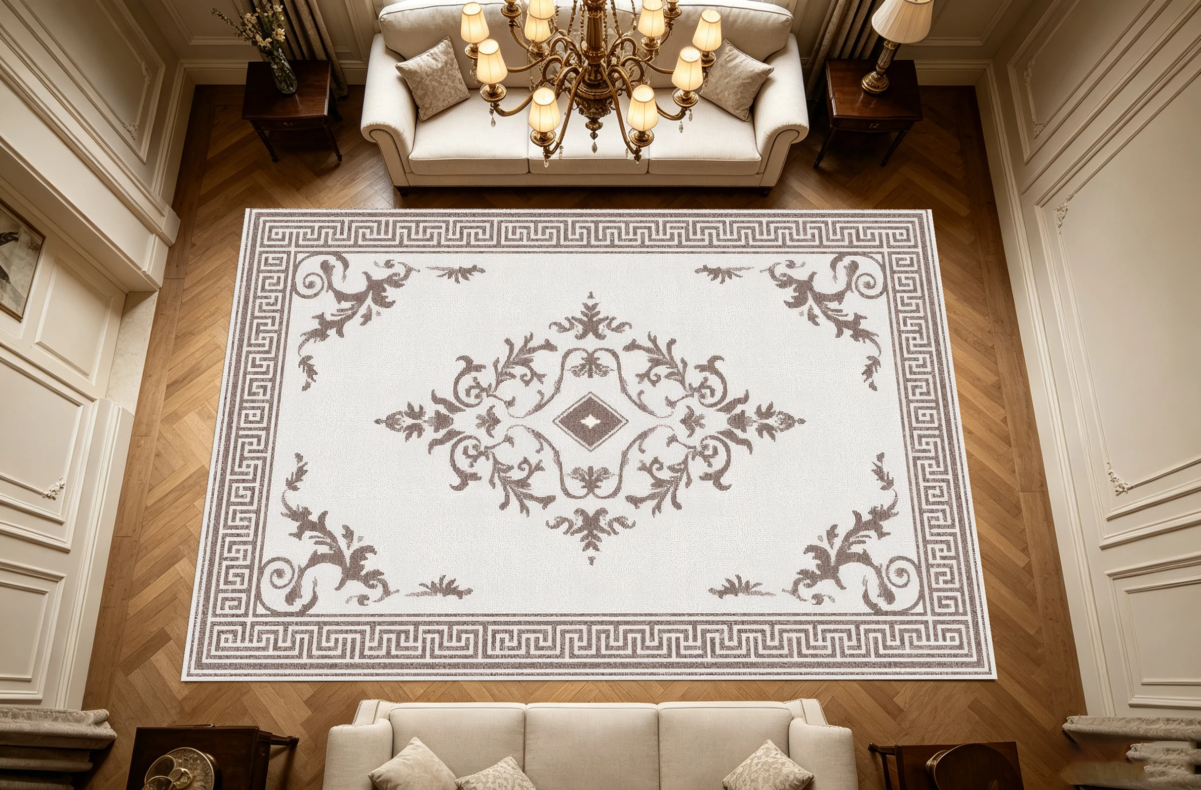 2D Large Rug, Beige-Brown European Retro Style, with a Fretwork Pattern, Comfortable Against the Skin, Suitable for Living Areas