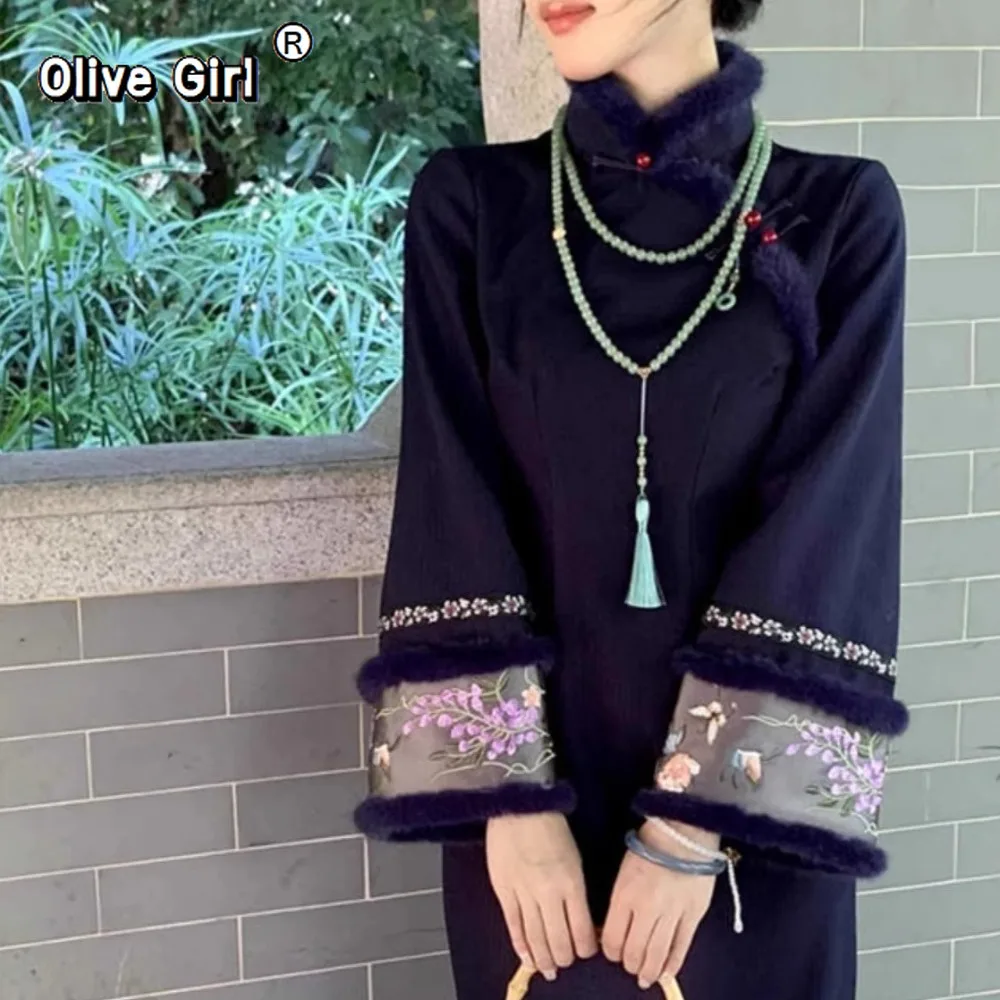 

Китайское платье улучшенное Cheongsam Qipao, осень-зима, бархатное, тонкое, элегантное, с вышивкой в стиле ретро, традиционная женская одежда