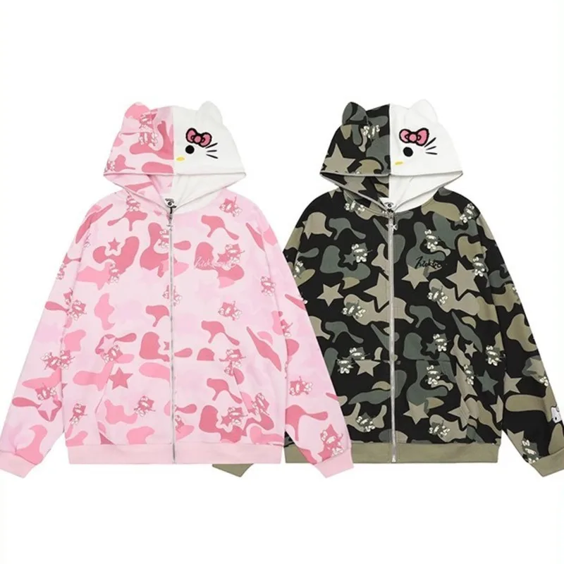 

MINISO Camouflage Hello Kitty Full Print Hooded Fashion Street Design Cardigan Sweatshirt Men Women Styles Spring Autumn Coat