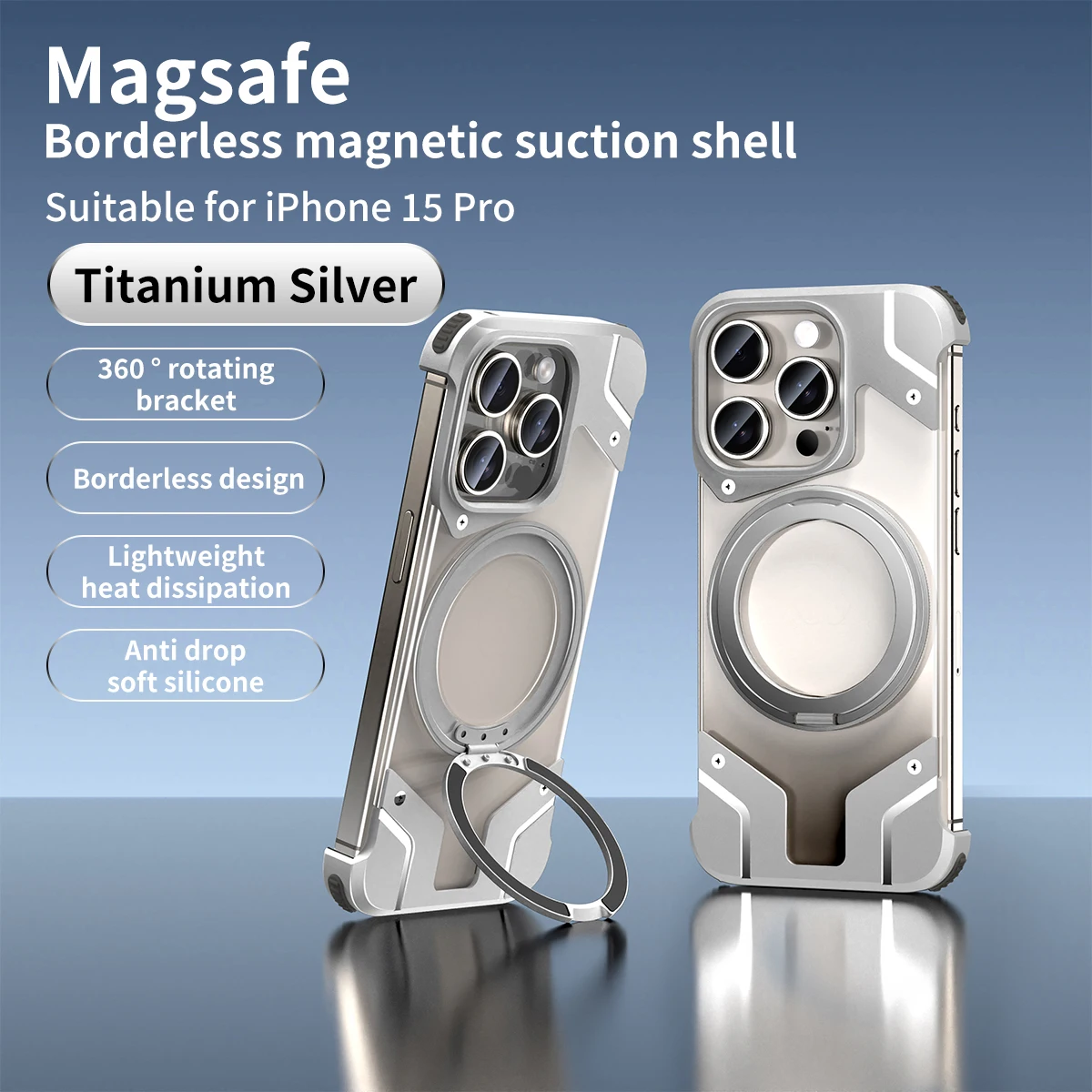 

For iPhone 15 Pro Max Case Clear Frameless Heat Dissipation Cases 360 Ring Magsafe Kickstand Metal Armor Ultra-thin Phone Cover
