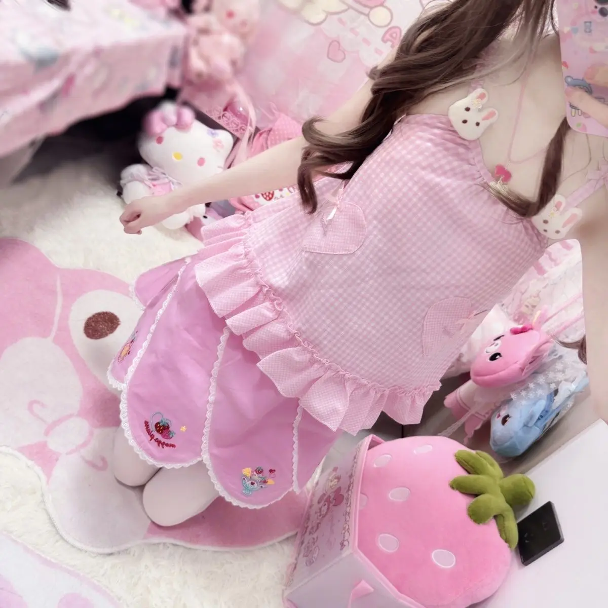 

Summer New Cartoon Mp Two Piece Sets Womens Outifits Pink Plaid Heart-shaped Pocket Vest + Lace Mini Skirt Women Y2k Suits