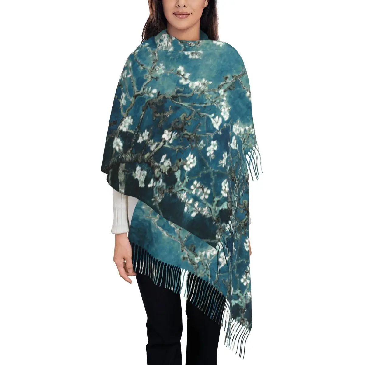 

Van Gogh Almond Blossoms Tassel Scarf Women Soft Flowers Painting Shawl Wrap Female Winter Scarves