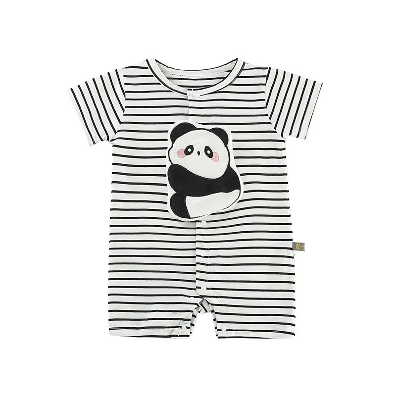 Newborn Baby Short Sleeve Romper Horizontal Stripe Print Cartoon Panda Patch Front Snap Closure Crotch Button Bodysuit for 0-1