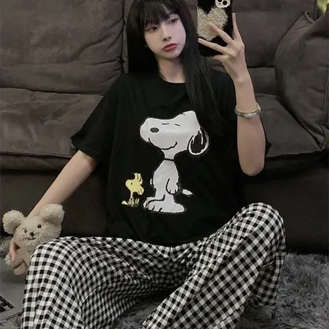 Snoopy Dampyjamas Kortärmade T-shirts Byxor Sommar Lösa Tecknade Sovkläder Kostym Y2k Kläder Lösa Hemkläder Set Byxor 12 best sales Snoopy Zara - №6