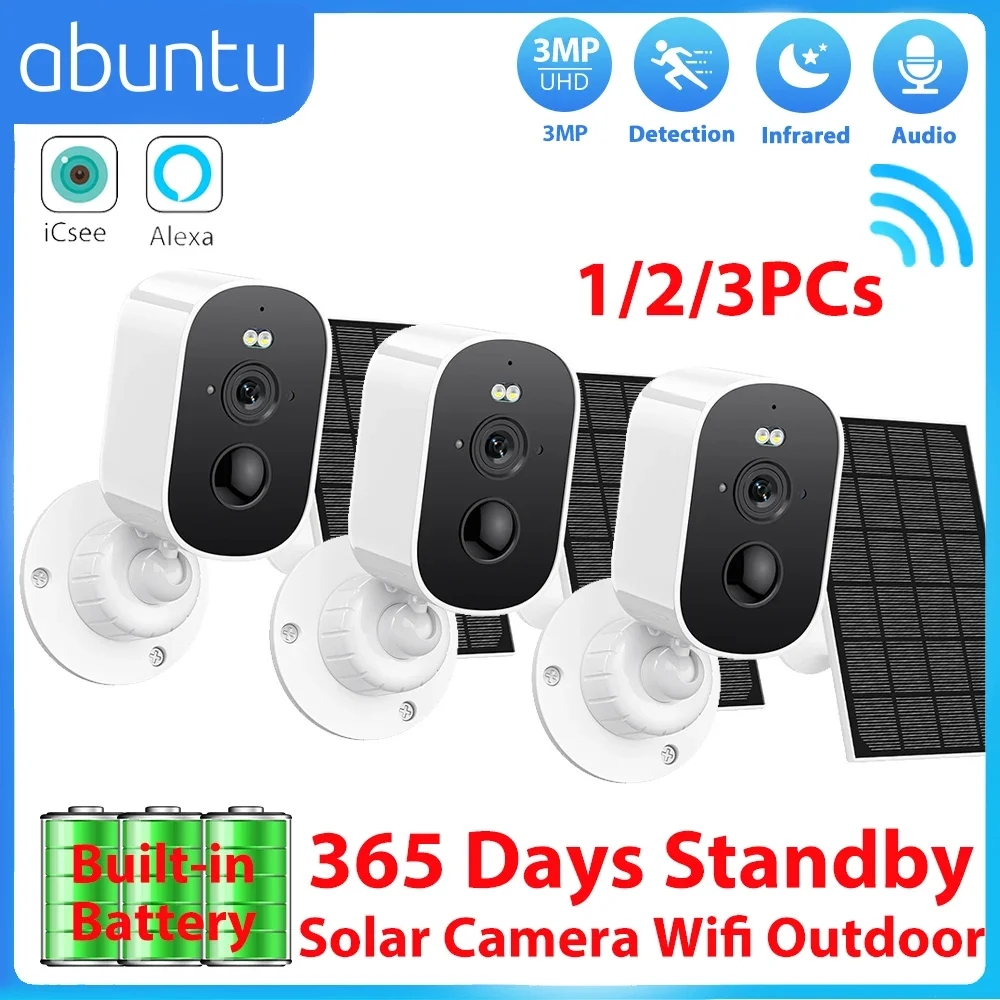 

1/2/3PCs 3MP Solar Wifi Camera Built-in Battery Outdoor Wireless Surveillance Camera 365 Days Standby PIR Human Detection ICSEE