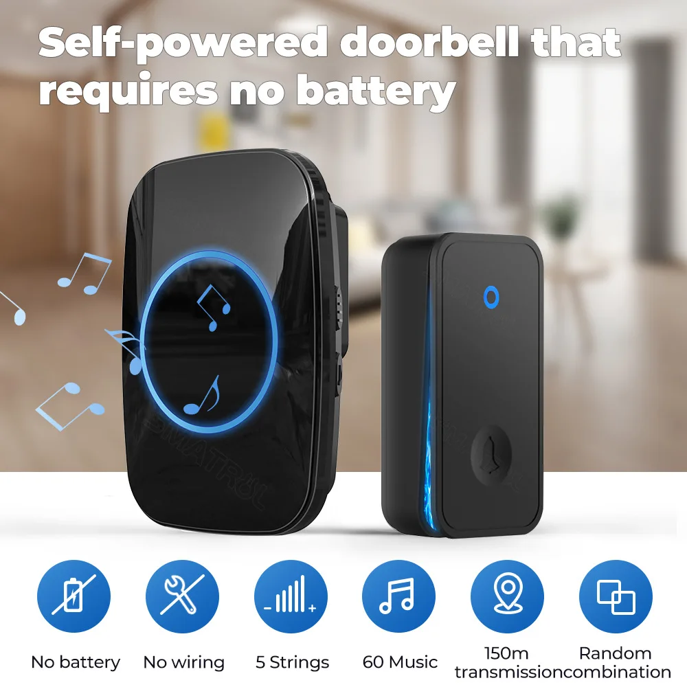 Self Powered Wireless Doorbell No Batteries Needed Waterproof Door Bell Long Range Loud Sound Home Call Bell for Kids Elderly