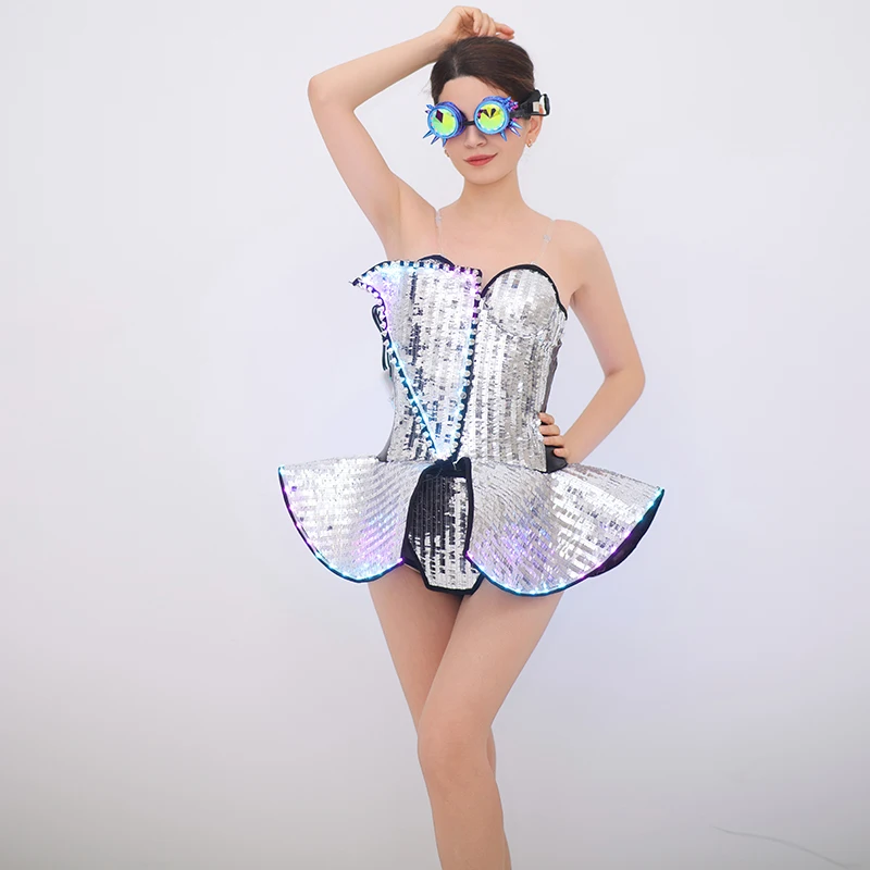 

Sexy Silver Pearl Sparkle Strapless Nightclub Ball Dress Female Dancer Dress Party Celebration Performance Party Dress Costumes