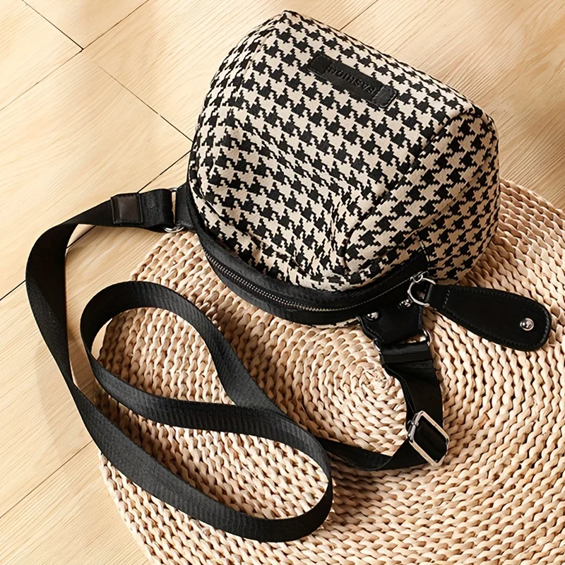 Versatile Houndstooth Canvas Bag for Women Adjustable Strap Secure Zip,Embroidered Detail Perfect for Travel Daily Use Chest Bag