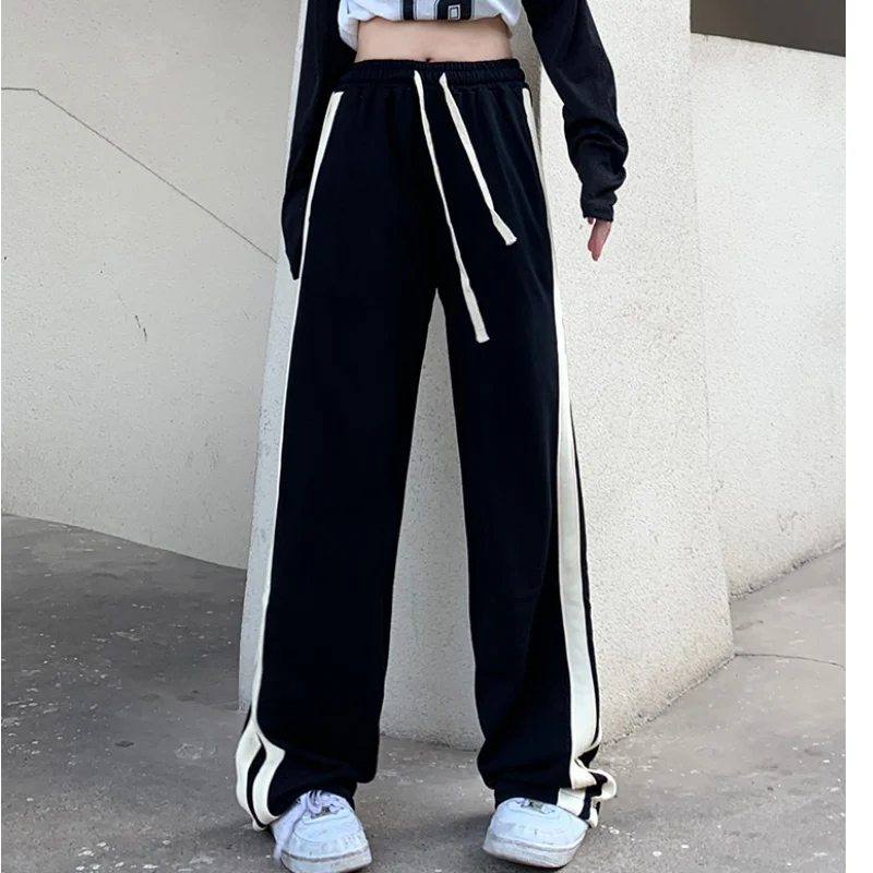 

Women's Bottoms Black Drawstring Sweatpants Casual High Waist Straight Mopping Pants Fashion Baggy Wide Leg Trouser Ladies Autum