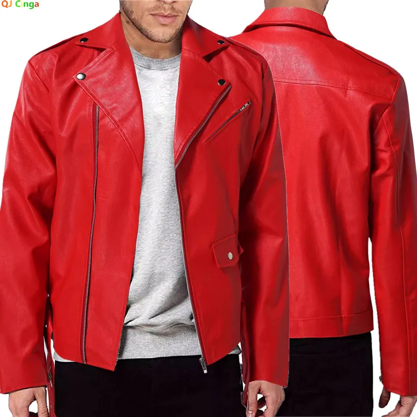 

Bright Red Mens PU Biker Jackets, Fashion Casual Loose Coat, M-5XL Black Long Sleeve Lapel Jacket, Rivet Zipper Decoration