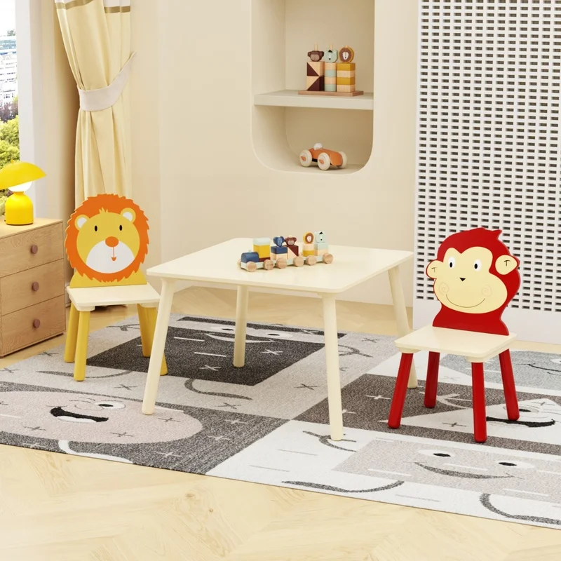 

Lion Monkey Wooden Activity Table Set with 3 Pieces Kids Furniture