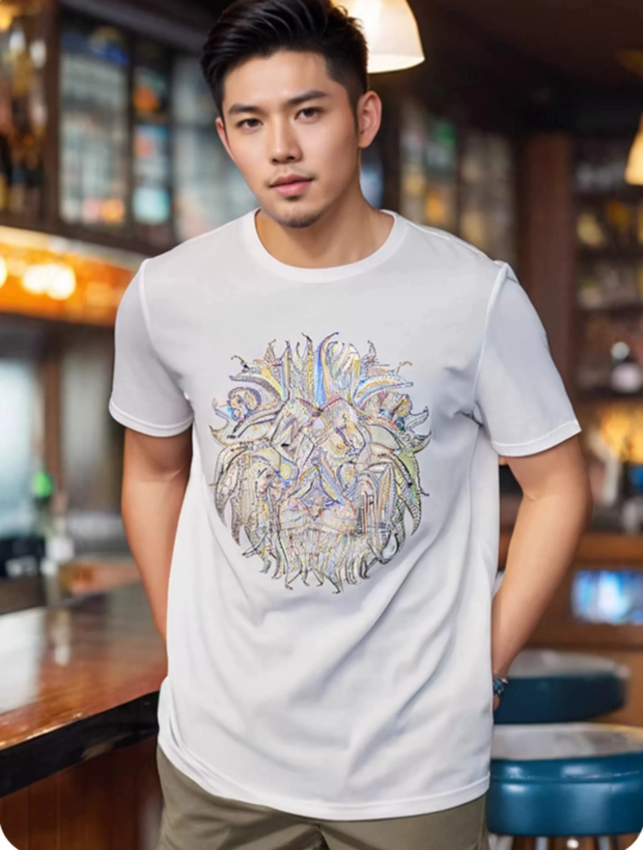 2026 Summer New Men's Colorful Lion Head Rhinestone Black White Round Neck Short Sleeve Casual Streetwear T-Shirt