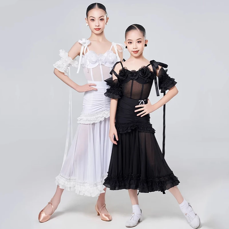 

2025 Girls Ballroom Dance Clothes Waltz Latin Dance Dress Black White Costume Suit Performance Wear Competition Dress DNV22747