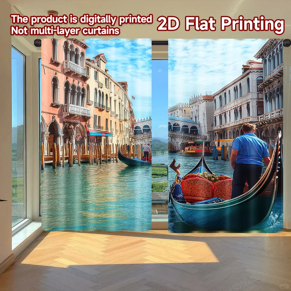 

2D flat printing 2pcs Scene Curtains Venice Gondolas and Bridge(1) Digital Printed Polyester Drapes Festive Holiday for Drapes