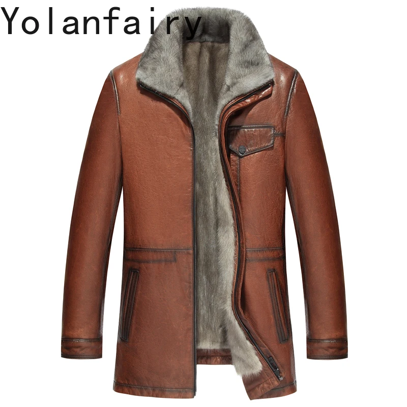 

YOLANFAIRY Высококачественная куртка из овчины из масляного воска, мужская зимняя роскошная куртка на подкладке из цельного норкового меха, мужская меховая куртка 2025