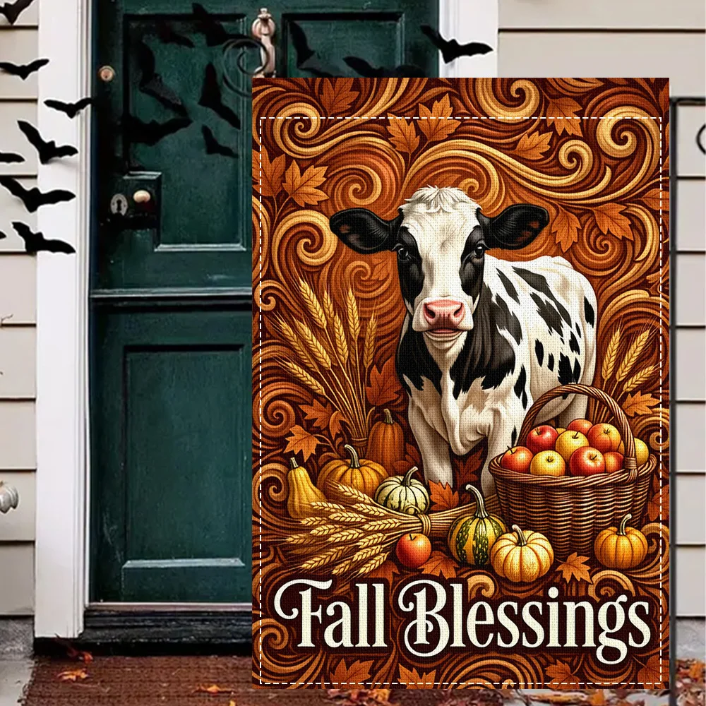 1PC Autumn Blessing Cow Garden Flag, Reversible Autumn Harvest Print, Perfect for Farmhouse Patios and Outdoor Decor (Pole Not I