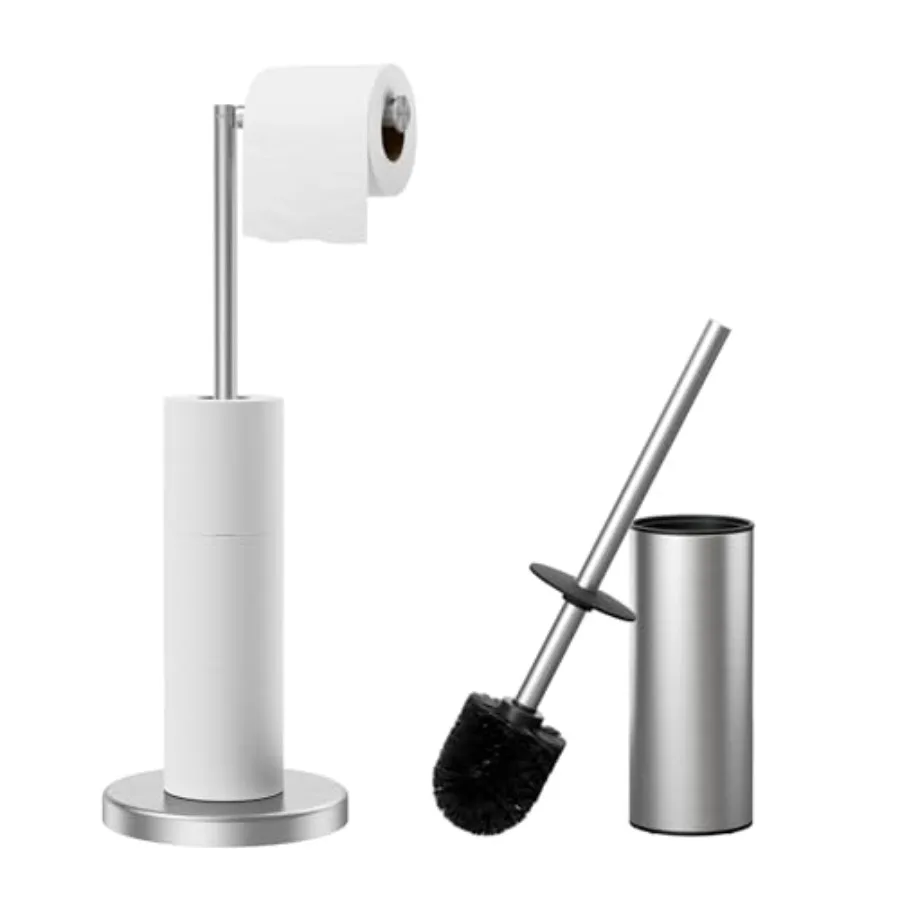 

Toilet Paper Holder Stand and Toilet Brush and Holder Set 304 Stainless Steel Long Handle Toilet Bowl Brush and Heavy Duty Base