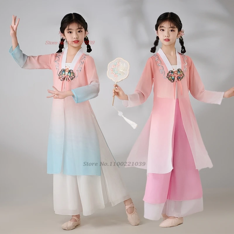 

2025 chinese traditional children folk dance costume stage performance gradient color tops+pants flower embroidery dance set