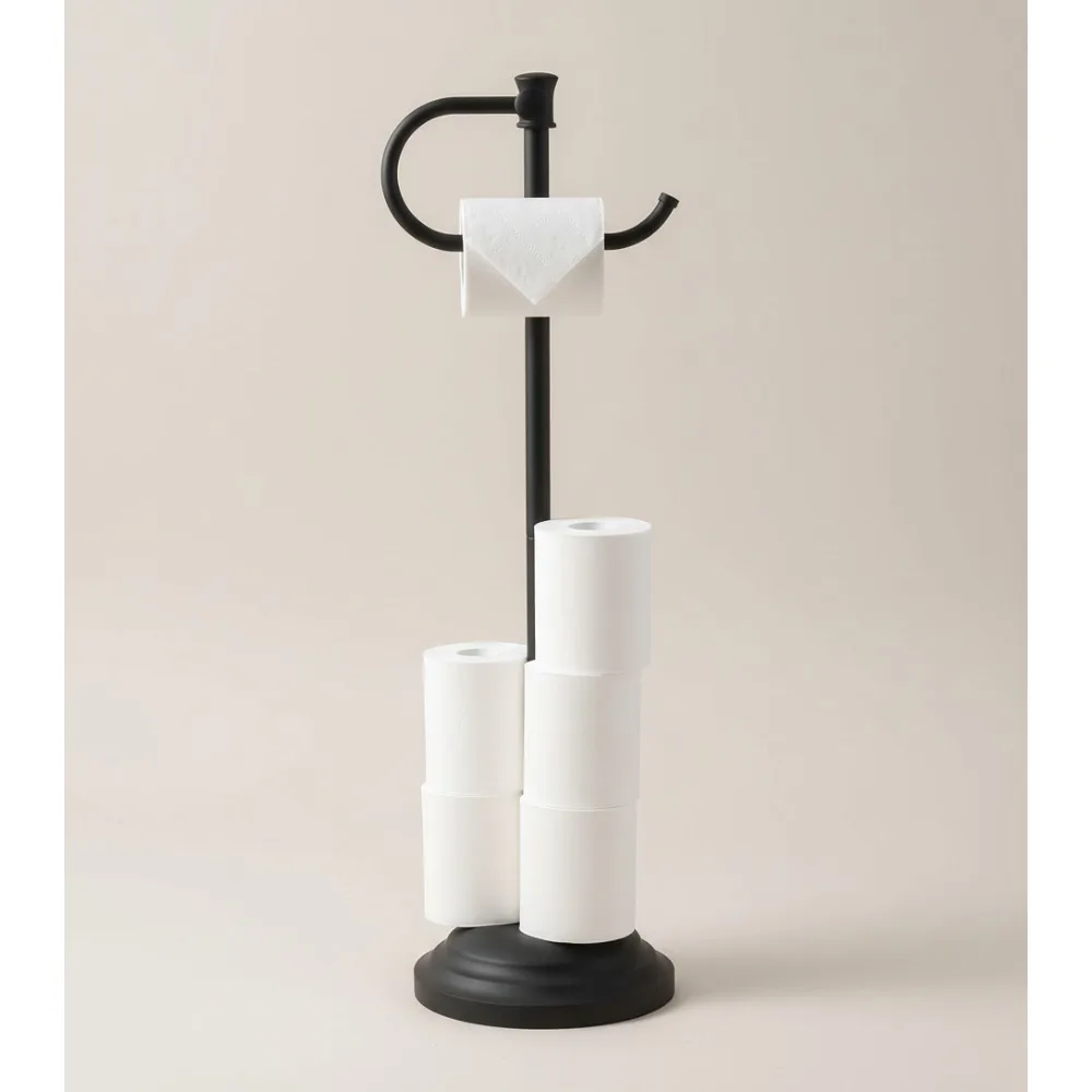 

25" Freestanding Toilet Paper Holder with Shelf, Heavy Base for 4 Rolls Storage, Matte Black Bathroom Organizer