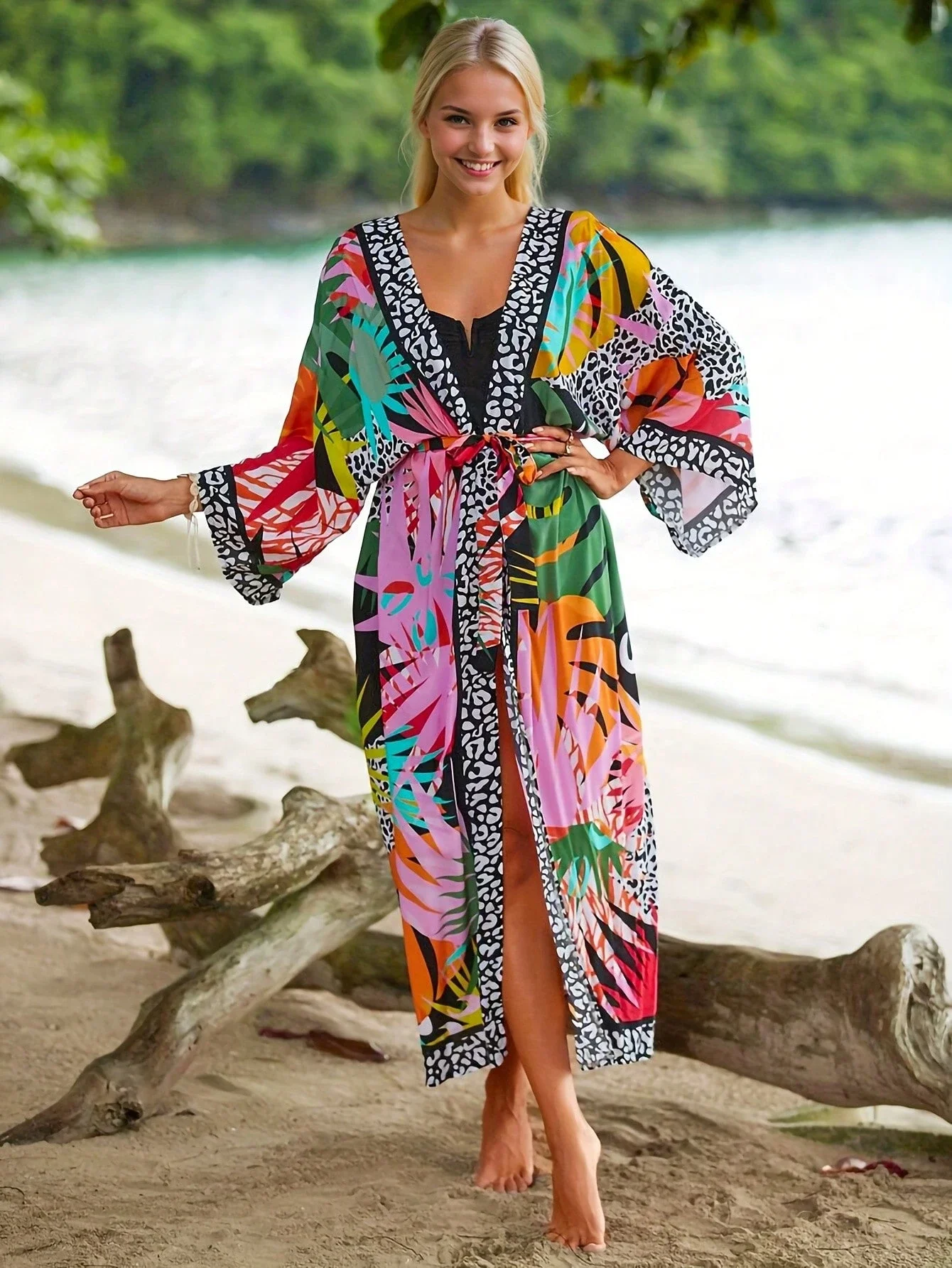 

Women's Tropical Print Belted Kimono Cover Up Dress Loose Vacation Beach Summer