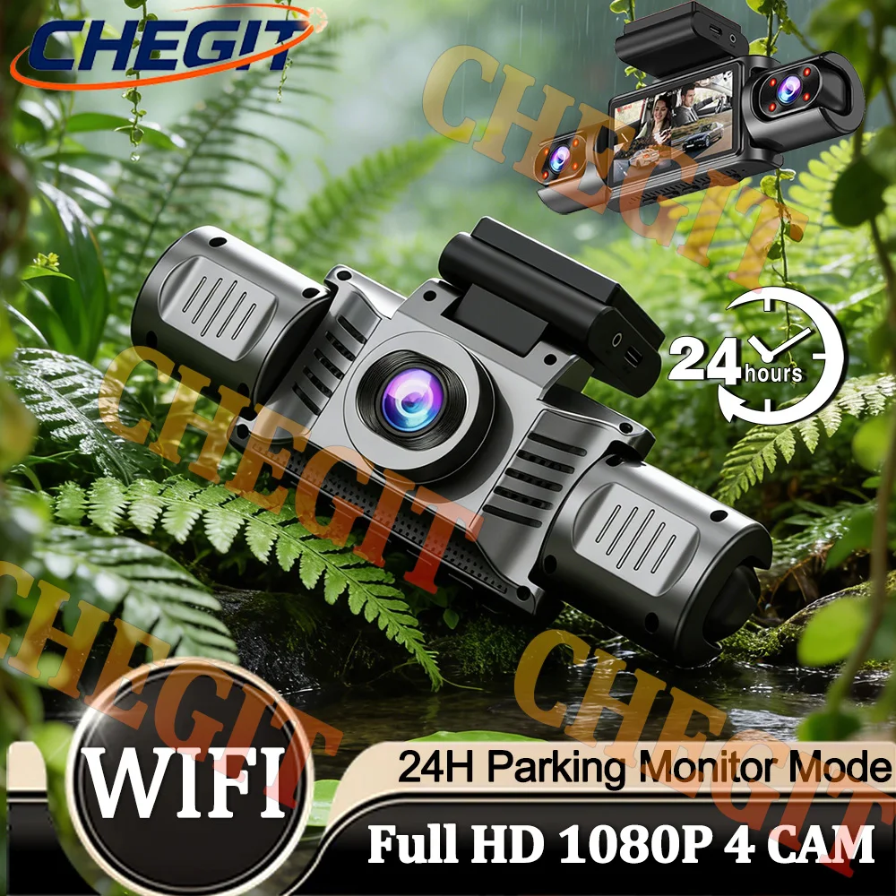 

360° Dash cam 4 Channels WIFI Car dvr Dashboard Cameras for Car 3/4way Black box 24H parking mode front and interior add rear
