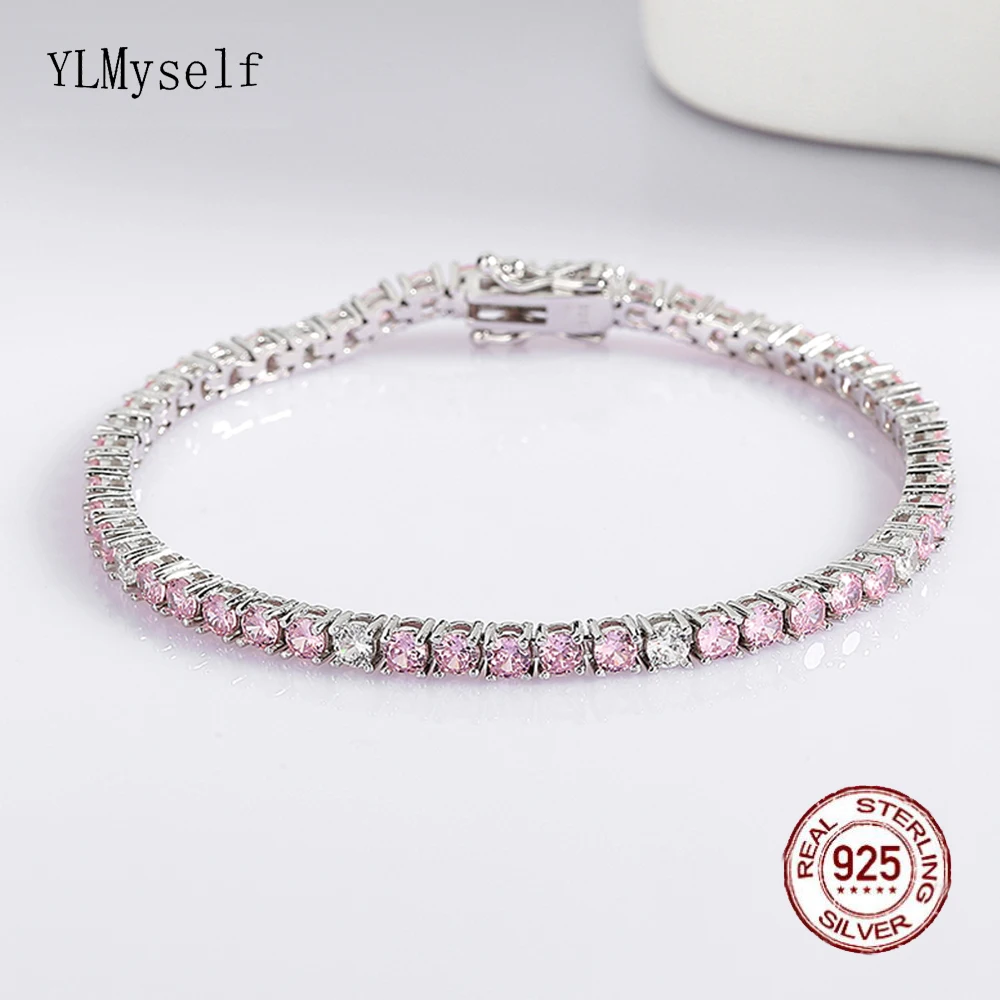 

Women's 3mm Pink & White Cubic Zircon Tennis Bracelet 15-19cm Length Solid 925 Sterling Silver Fine Jewelry Accessory