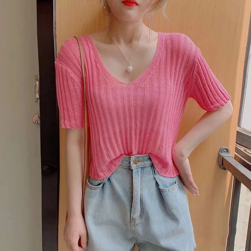 

Korean Blouse Summer Knit Korean Version Short Solid Color Slightly Transparent V-neck Loose Short Sleeve T-shirt Tide