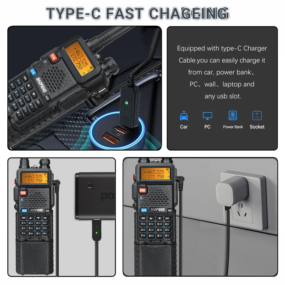 Baofeng UV 5R 8W 3800mAh Walkie Talkie caricatore USB a lungo raggio UHF VHF ricetrasmettitore Dual Band radioamatore portatile per UV K5