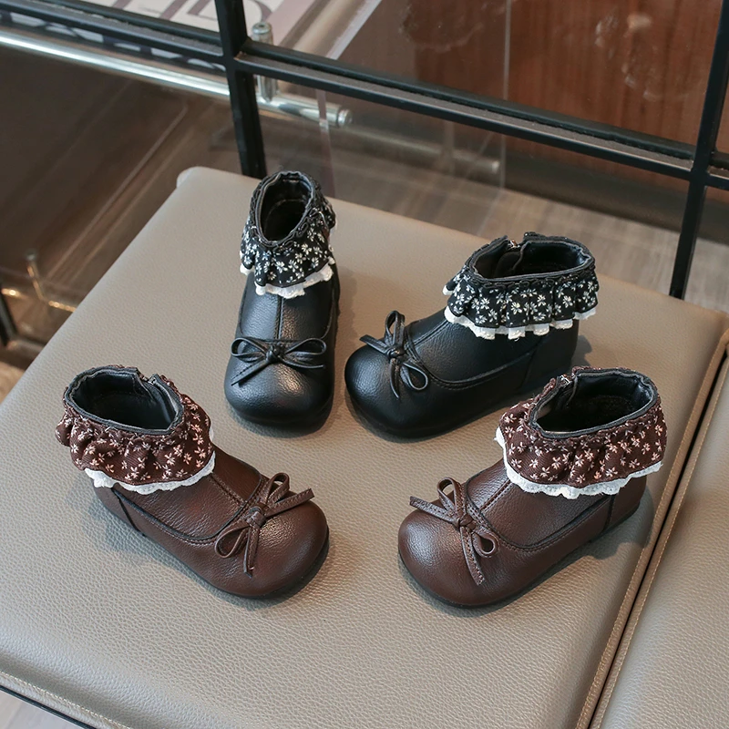 Girls Floral Lace‑Trim Ankle Boots, Small Bow Decoration Side Zipper Flat Princess Boots
