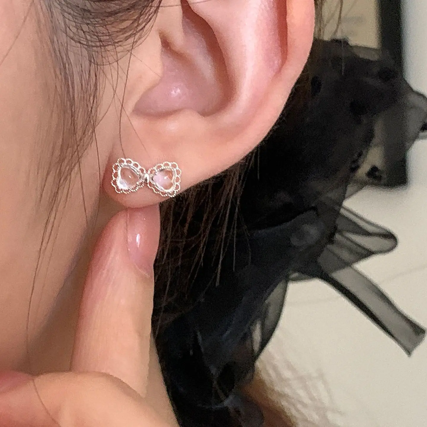 Bow Stud Earrings Lace Ballet Style Sweet Delicate Silver Tone Cubic Zirconia Lightweight Premium Daily Wear Jewelry for Women